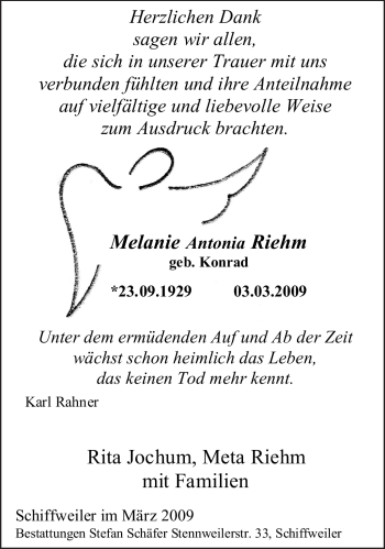 Traueranzeige von Melanie Antonia Riehm von SAARBRÜCKER ZEITUNG