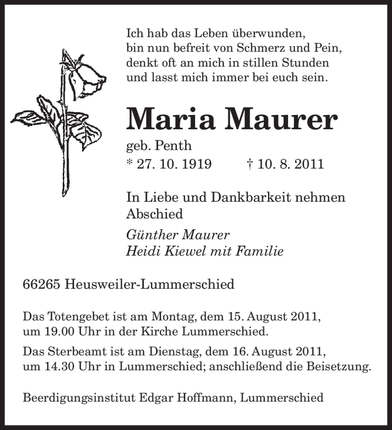  Traueranzeige für Maria Maurer vom 13.08.2011 aus SAARBRÜCKER ZEITUNG