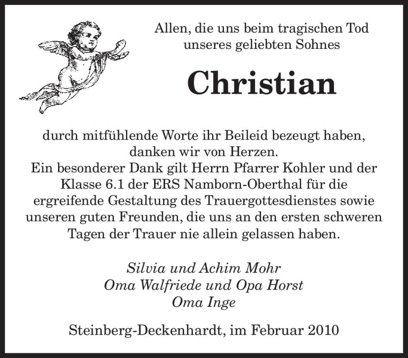  Traueranzeige für Christian Mohr vom 27.02.2010 aus SAARBRÜCKER ZEITUNG