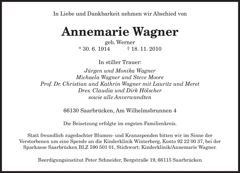  Traueranzeige für Annemarie Wagner vom 27.11.2010 aus SAARBRÜCKER ZEITUNG