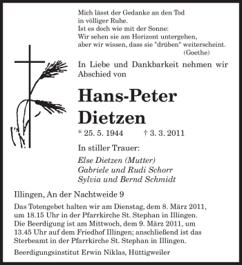 Traueranzeige von Hans-Peter Dietzen von SAARBRÜCKER ZEITUNG