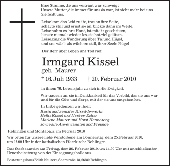 Traueranzeige von Irmgard Kissel von SAARBRÜCKER ZEITUNG