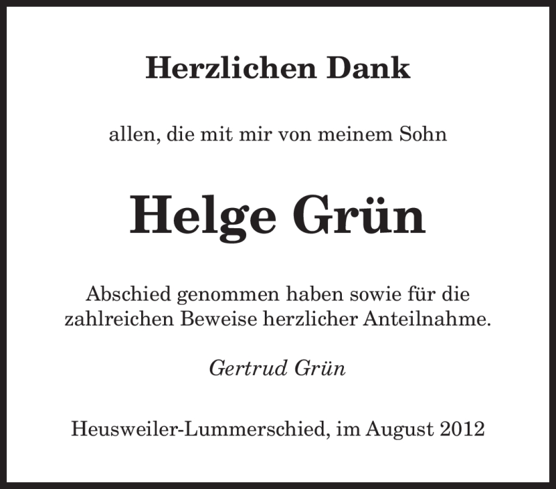  Traueranzeige für Helge Grün vom 04.08.2012 aus SAARBRÜCKER ZEITUNG