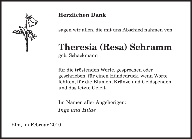  Traueranzeige für Theresia Schramm vom 13.02.2010 aus SAARBRÜCKER ZEITUNG