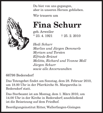 Traueranzeige von Fina Schurr von SAARBRÜCKER ZEITUNG
