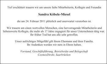 Traueranzeige von Sandra Köbele-Miesel von SAARBRÜCKER ZEITUNG