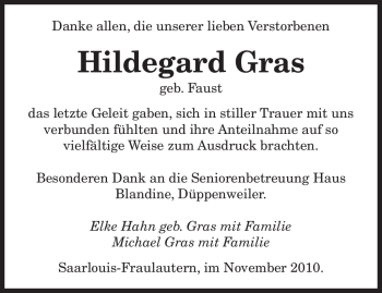 Traueranzeige von Hildegard Gras von SAARBRÜCKER ZEITUNG