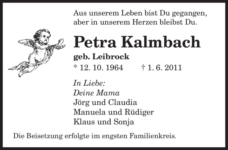  Traueranzeige für Petra Kalmbach vom 08.06.2011 aus SAARBRÜCKER ZEITUNG