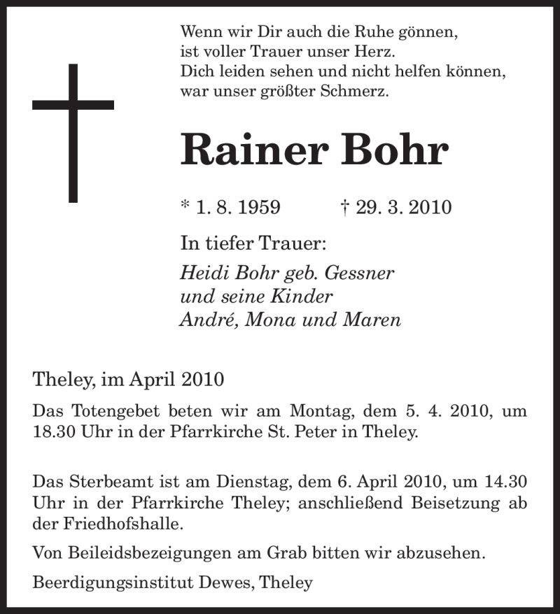  Traueranzeige für Rainer Bohr vom 03.04.2010 aus SAARBRÜCKER ZEITUNG