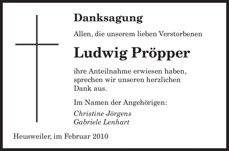  Traueranzeige für Ludwig Pröpper vom 26.02.2010 aus SAARBRÜCKER ZEITUNG