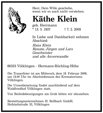 Traueranzeige von Käthe Klein von SAARBRÜCKER ZEITUNG