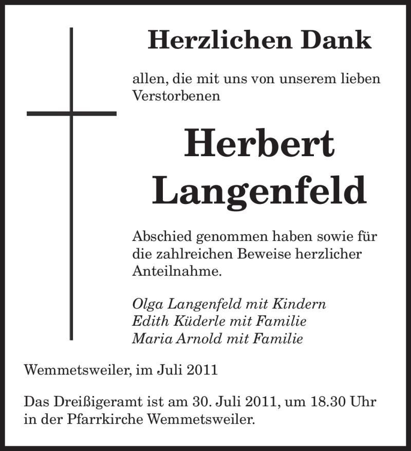  Traueranzeige für Herbert Langenfeld vom 09.07.2011 aus SAARBRÜCKER ZEITUNG