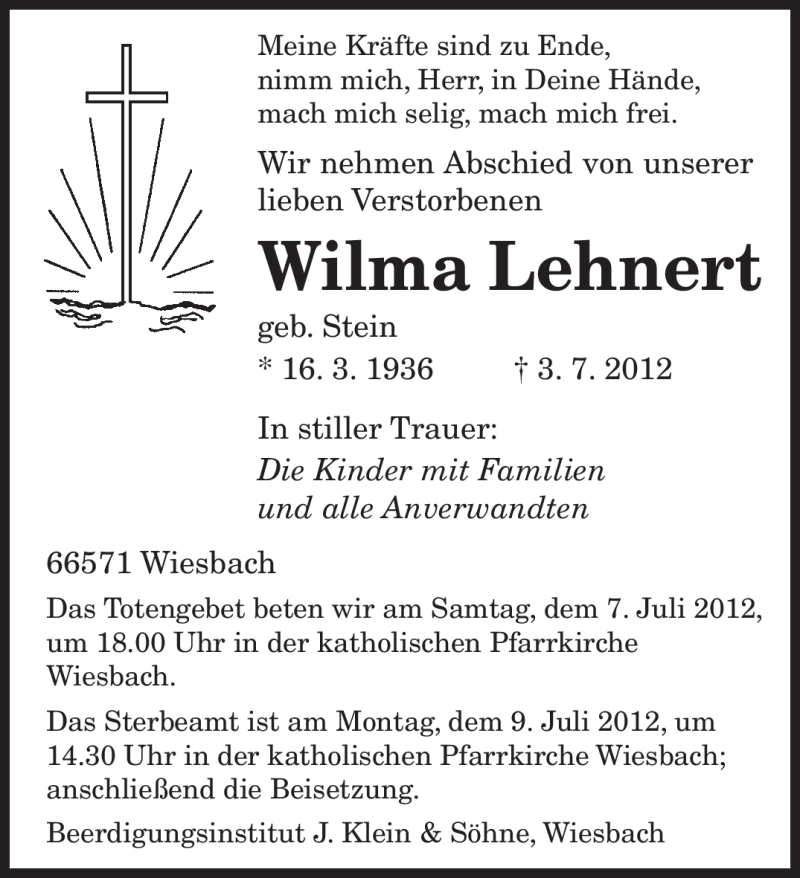  Traueranzeige für Wilma Lehnert vom 06.07.2012 aus SAARBRÜCKER ZEITUNG