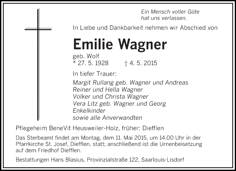 Traueranzeigen von Emilie Wagner | Saarbruecker-Zeitung.Trauer.de