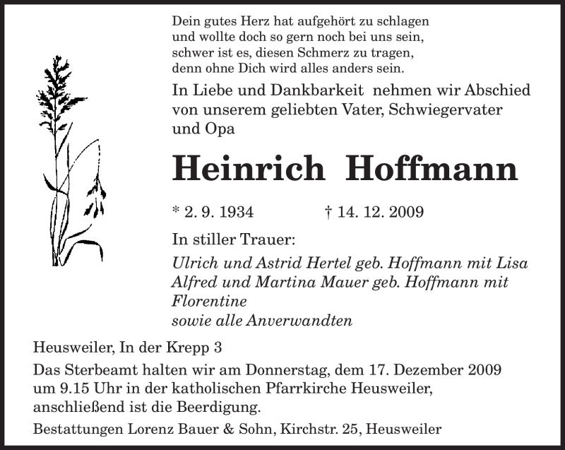  Traueranzeige für Heinrich Hoffmann vom 16.12.2009 aus SAARBRÜCKER ZEITUNG