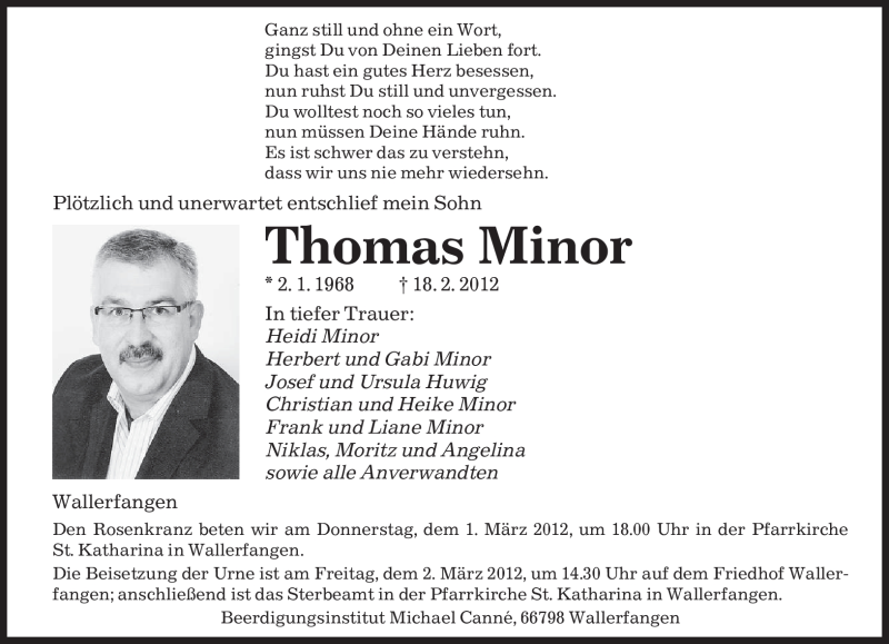 Traueranzeige für Thomas Minor vom 28.02.2012 aus SAARBRÜCKER ZEITUNG