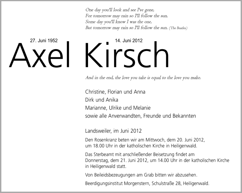  Traueranzeige für Axel Kirsch vom 18.06.2012 aus SAARBRÜCKER ZEITUNG