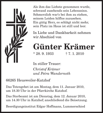 Traueranzeige von Günter Krämer von SAARBRÜCKER ZEITUNG