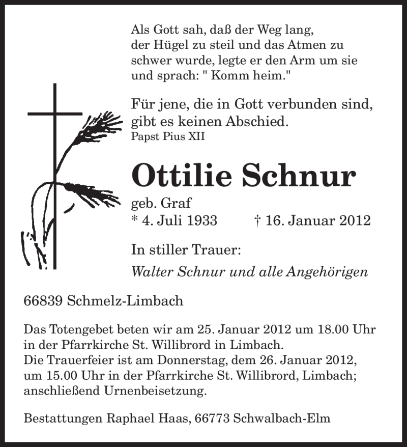  Traueranzeige für Ottilie Schnur vom 21.01.2012 aus SAARBRÜCKER ZEITUNG