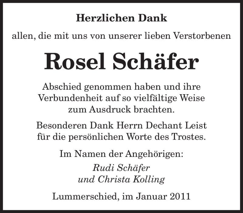  Traueranzeige für Rosel Schäfer vom 19.01.2011 aus SAARBRÜCKER ZEITUNG
