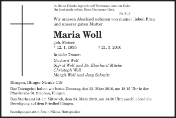Traueranzeige von Maria Woll von SAARBRÜCKER ZEITUNG