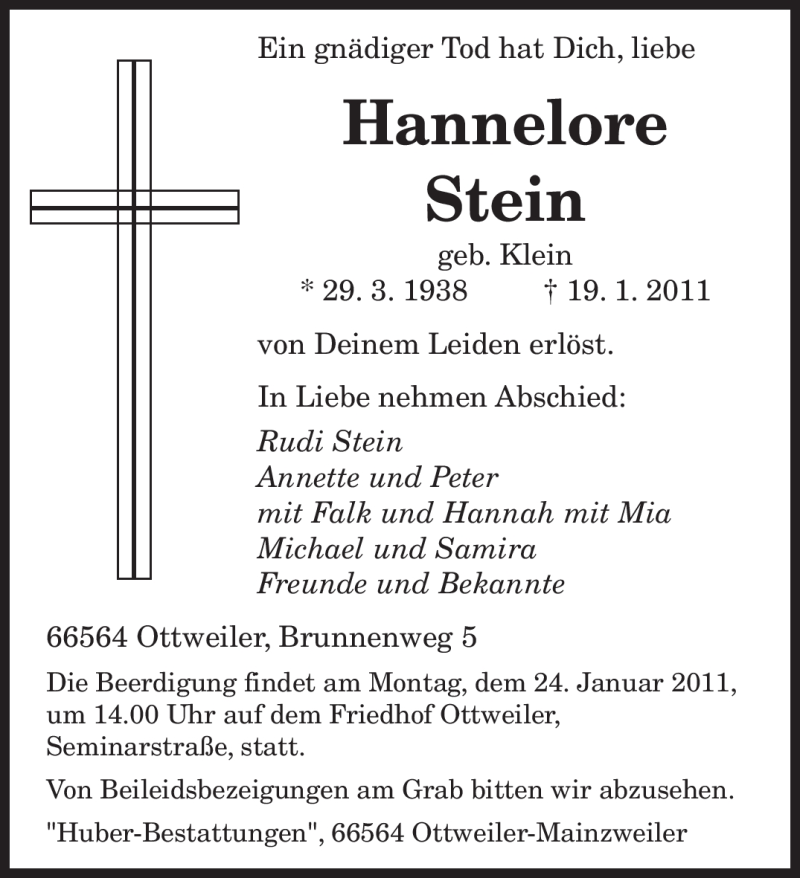  Traueranzeige für Hannelore Stein vom 22.01.2011 aus SAARBRÜCKER ZEITUNG