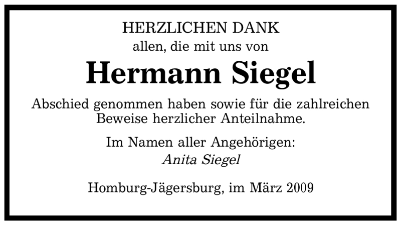  Traueranzeige für Hermann Siegel vom 10.03.2009 aus SAARBRÜCKER ZEITUNG