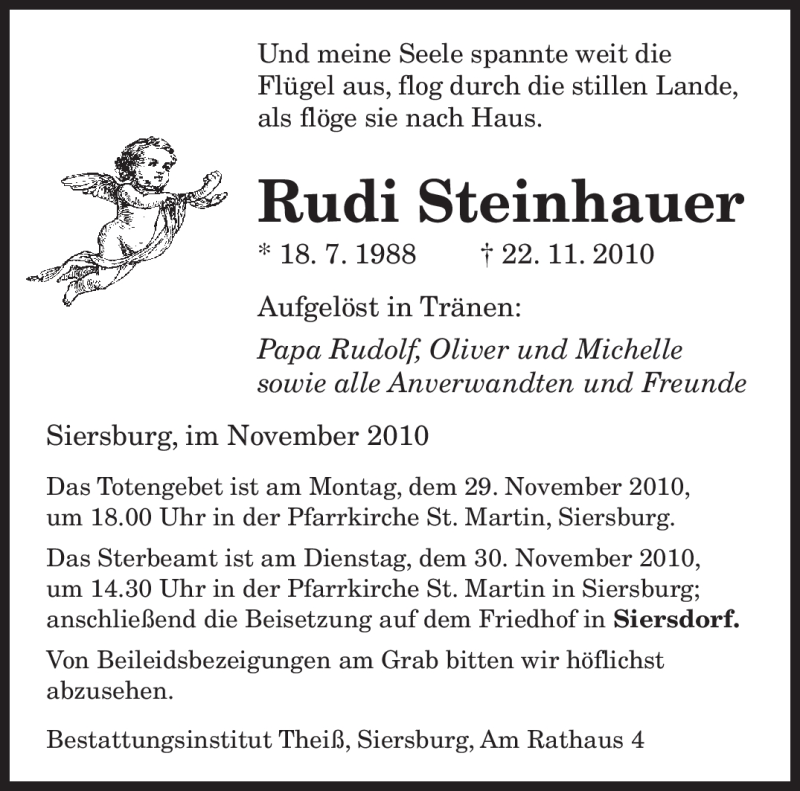  Traueranzeige für Rudi Steinhauer vom 27.11.2010 aus SAARBRÜCKER ZEITUNG