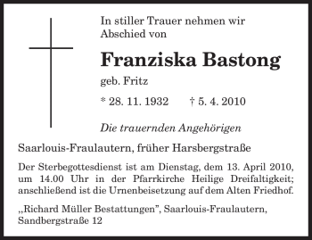 Traueranzeige von Franziska Bastong von SAARBRÜCKER ZEITUNG