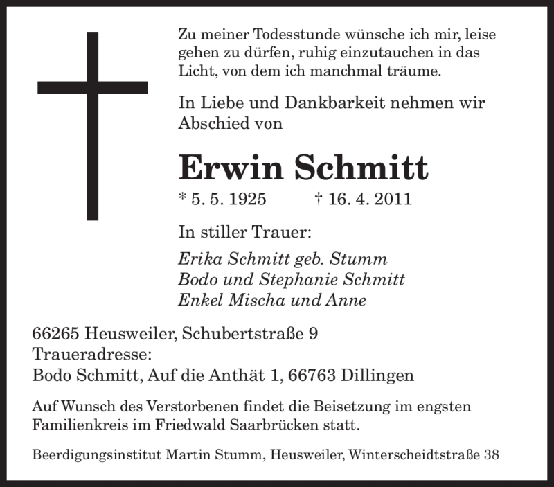  Traueranzeige für Erwin Schmitt vom 20.04.2011 aus SAARBRÜCKER ZEITUNG