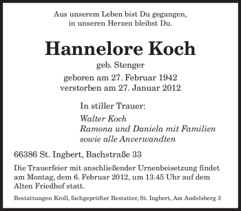 Traueranzeige von Hannelore Koch von SAARBRÜCKER ZEITUNG