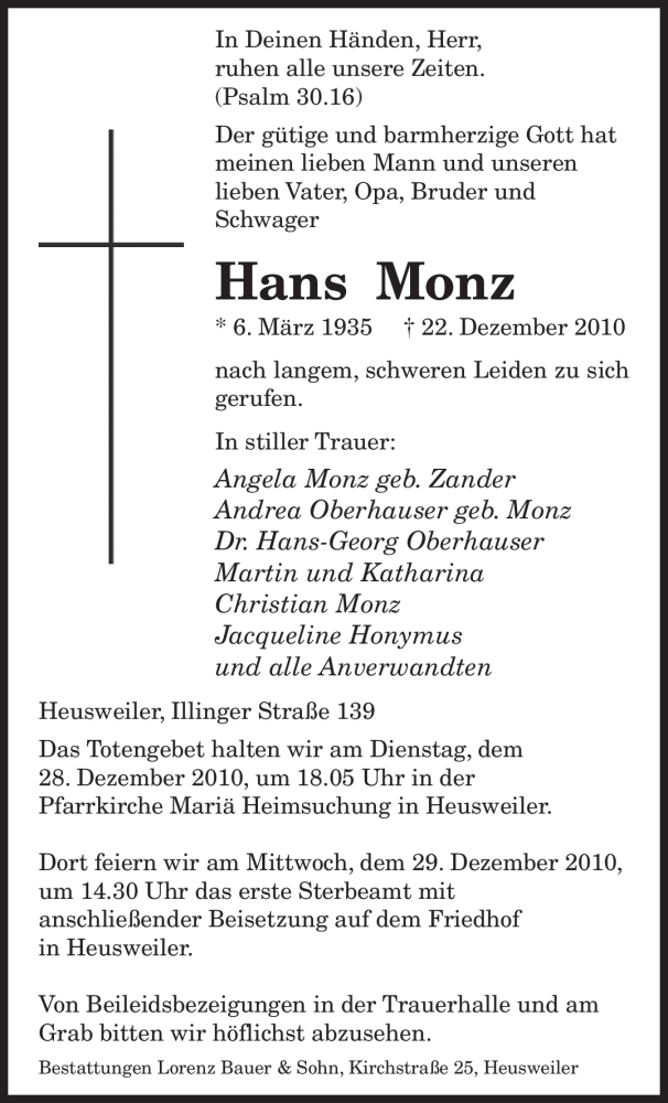  Traueranzeige für Hans Monz vom 27.12.2010 aus SAARBRÜCKER ZEITUNG