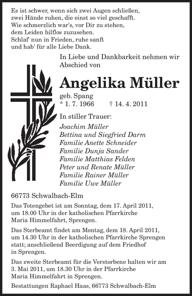  Traueranzeige für Angelika Müller vom 16.04.2011 aus SAARBRÜCKER ZEITUNG