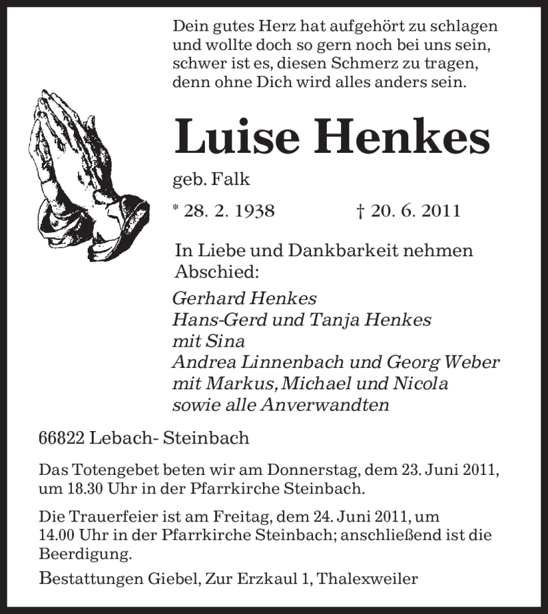  Traueranzeige für Luise Henkes vom 22.06.2011 aus SAARBRÜCKER ZEITUNG