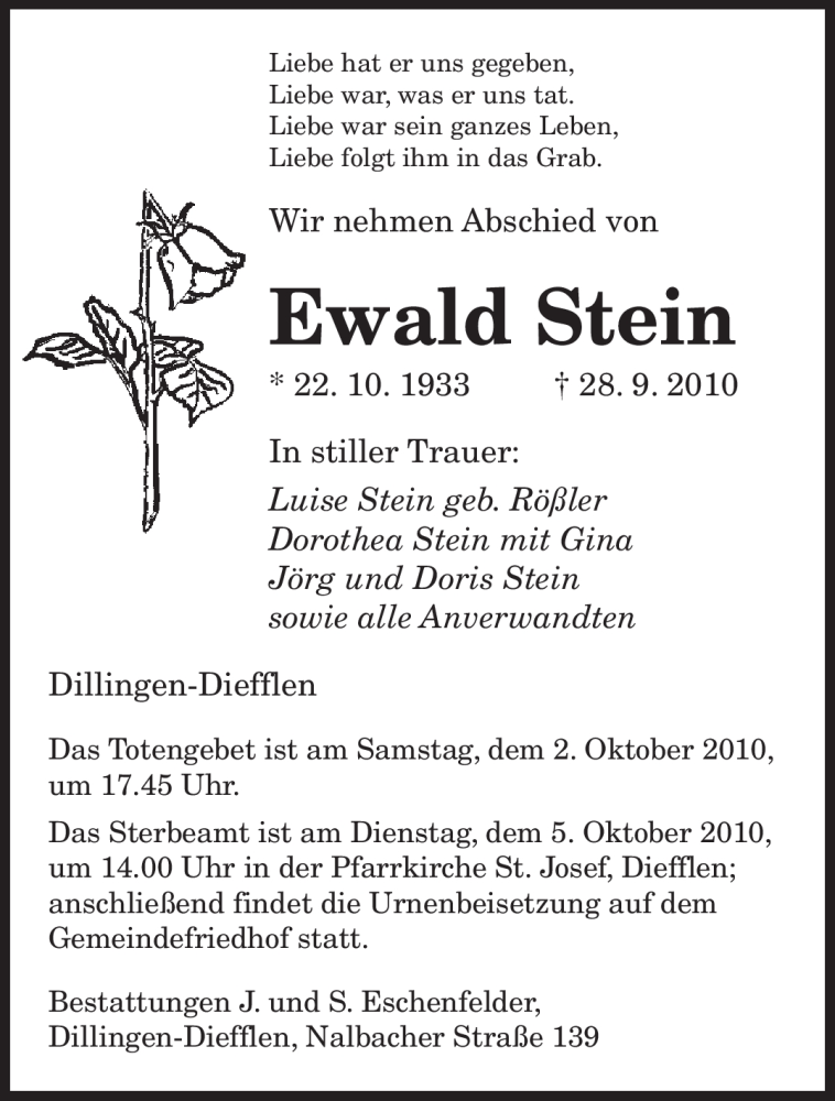  Traueranzeige für Ewald Stein vom 01.10.2010 aus SAARBRÜCKER ZEITUNG