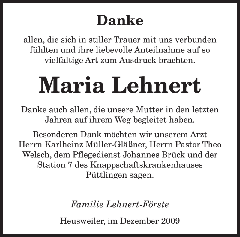  Traueranzeige für Maria Lehnert vom 23.12.2009 aus SAARBRÜCKER ZEITUNG