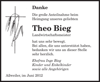 Traueranzeige von Theo Bieg von SAARBRÜCKER ZEITUNG