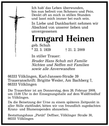 Traueranzeige von Irmgard Heinen von SAARBRÜCKER ZEITUNG