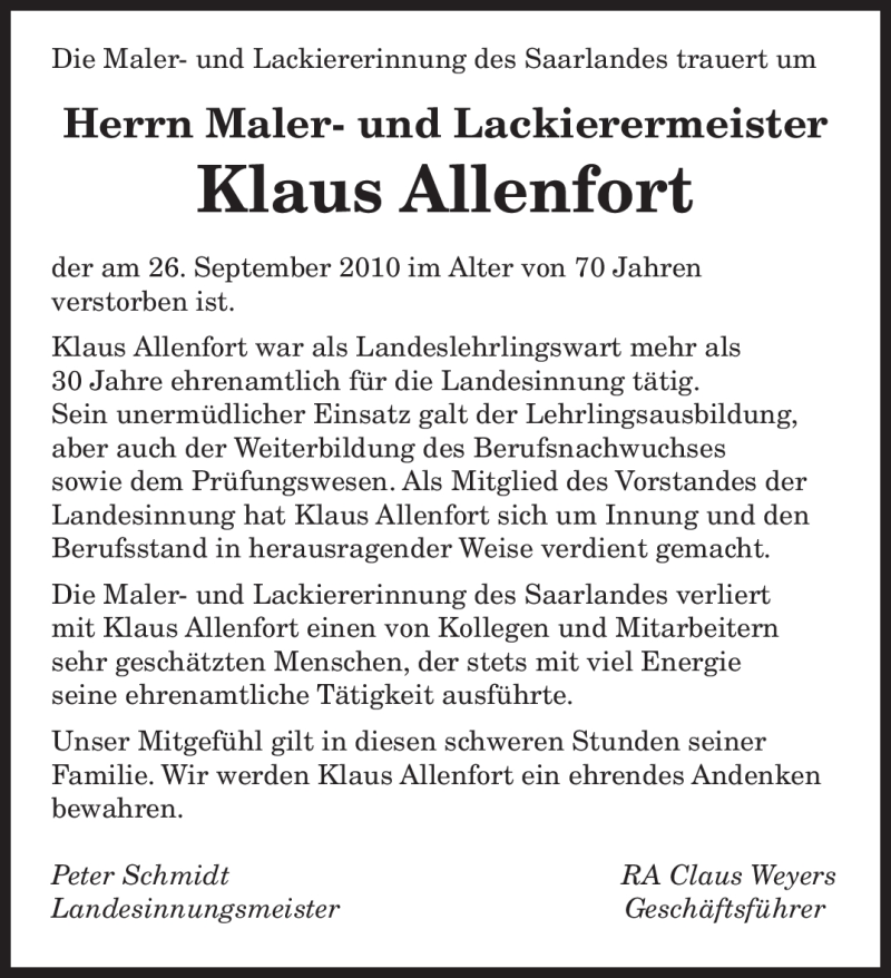  Traueranzeige für Klaus Allenfort vom 29.09.2010 aus SAARBRÜCKER ZEITUNG