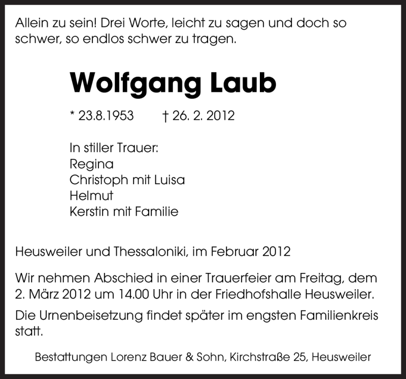  Traueranzeige für Wolfgang Laub vom 28.02.2012 aus SAARBRÜCKER ZEITUNG