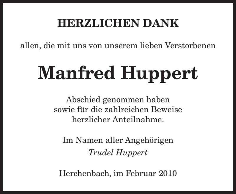  Traueranzeige für Manfred Huppert vom 22.02.2010 aus SAARBRÜCKER ZEITUNG