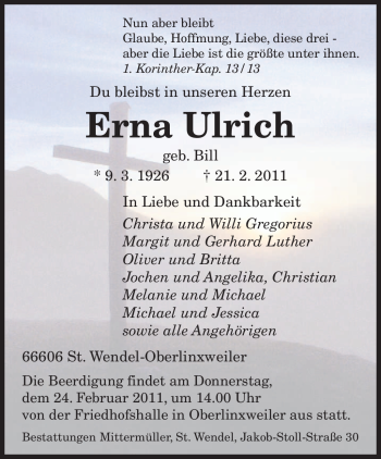 Traueranzeige von Erna Ulrich von SAARBRÜCKER ZEITUNG