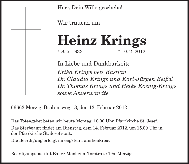  Traueranzeige für Heinz Krings vom 13.02.2012 aus SAARBRÜCKER ZEITUNG