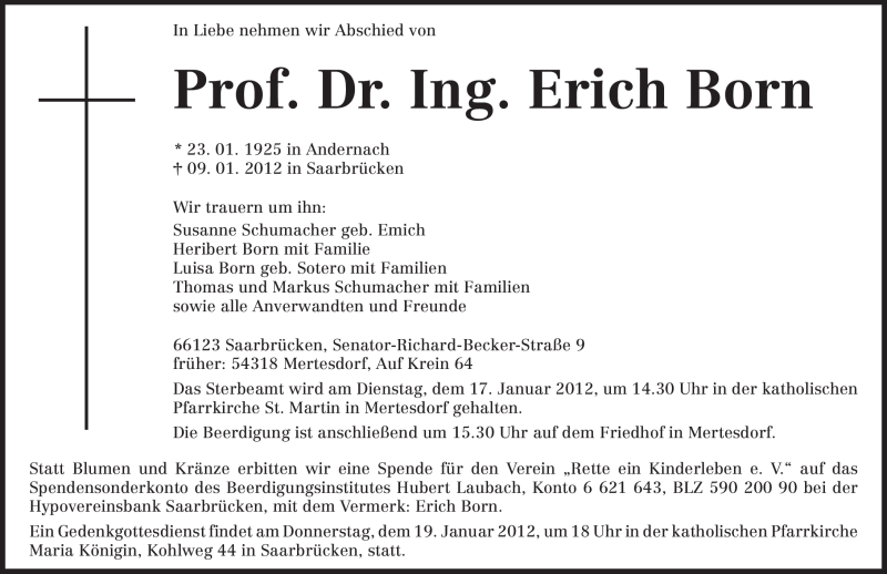  Traueranzeige für Erich Born vom 13.01.2012 aus 