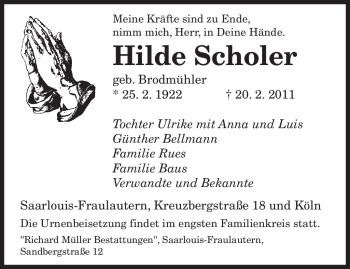 Traueranzeige von Hilde Scholer von SAARBRÜCKER ZEITUNG