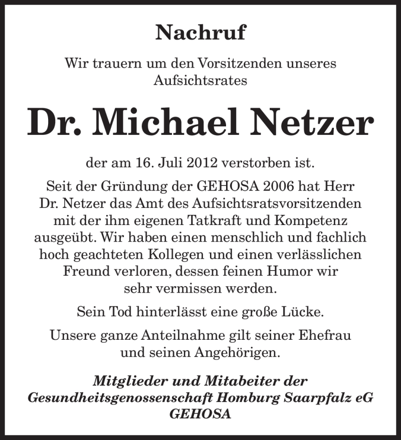  Traueranzeige für Michael Netzer vom 04.08.2012 aus SAARBRÜCKER ZEITUNG