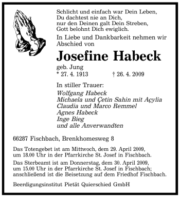Traueranzeige von Josefine Habeck von SAARBRÜCKER ZEITUNG