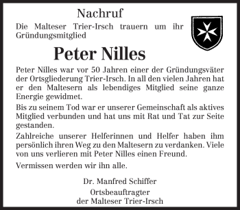 Traueranzeige von Peter Nilles von SAARBRÜCKER ZEITUNG