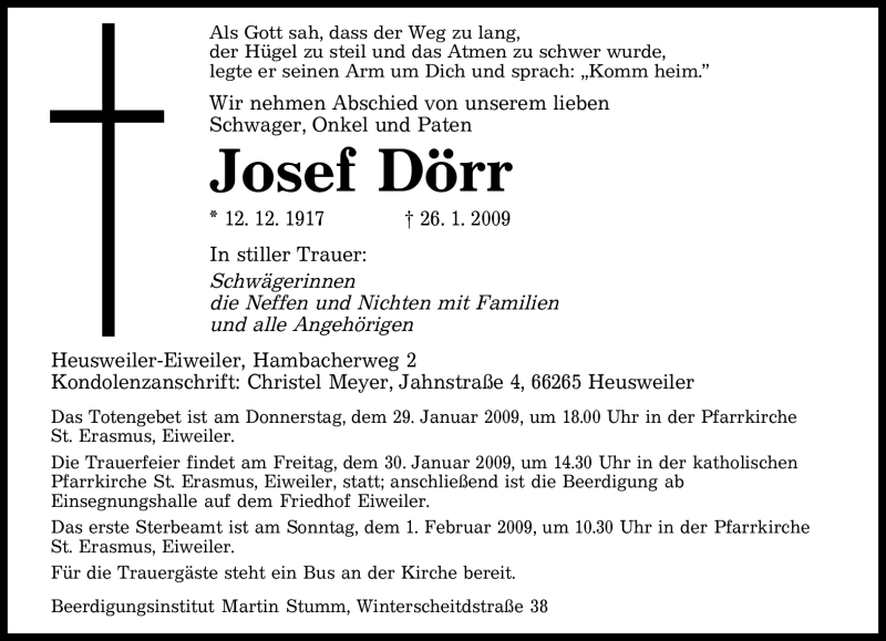  Traueranzeige für Josef Dörr vom 28.01.2009 aus SAARBRÜCKER ZEITUNG