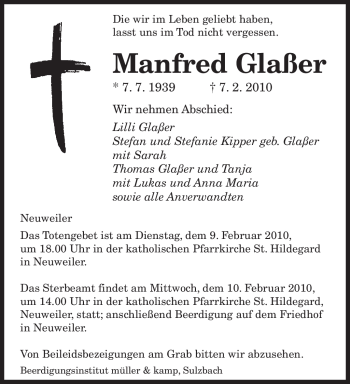 Traueranzeige von Manfred Glaßer von SAARBRÜCKER ZEITUNG